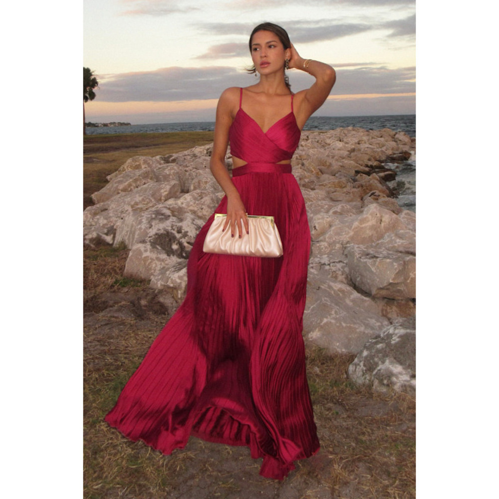 Lulus Got The Glam Wine Red Pleated Cutout Maxi Dress - Size XS